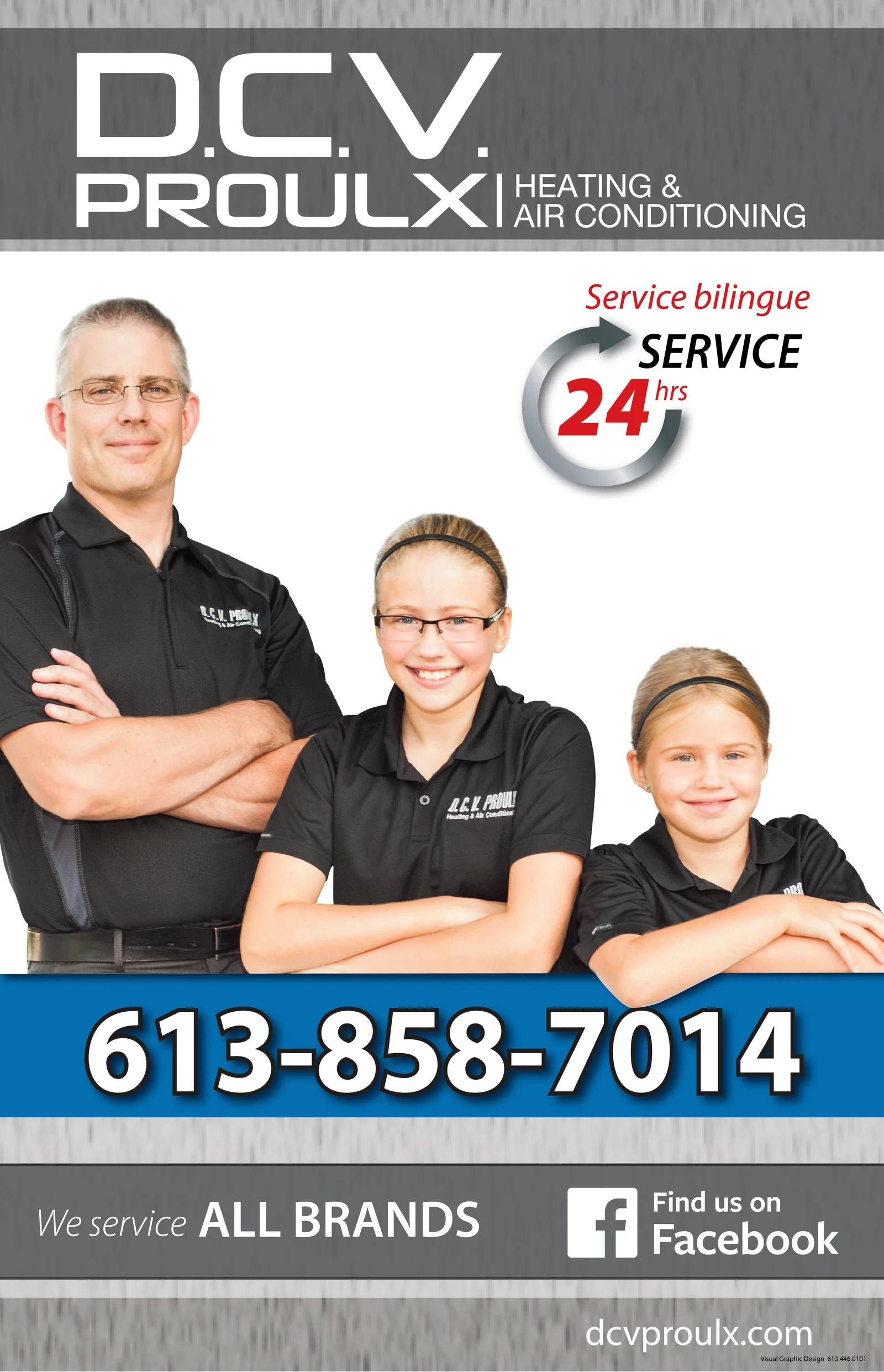 D.C.V. Proulx team promotional photo showing bilingual 24-hour HVAC service and the 613-858-7014 phone number